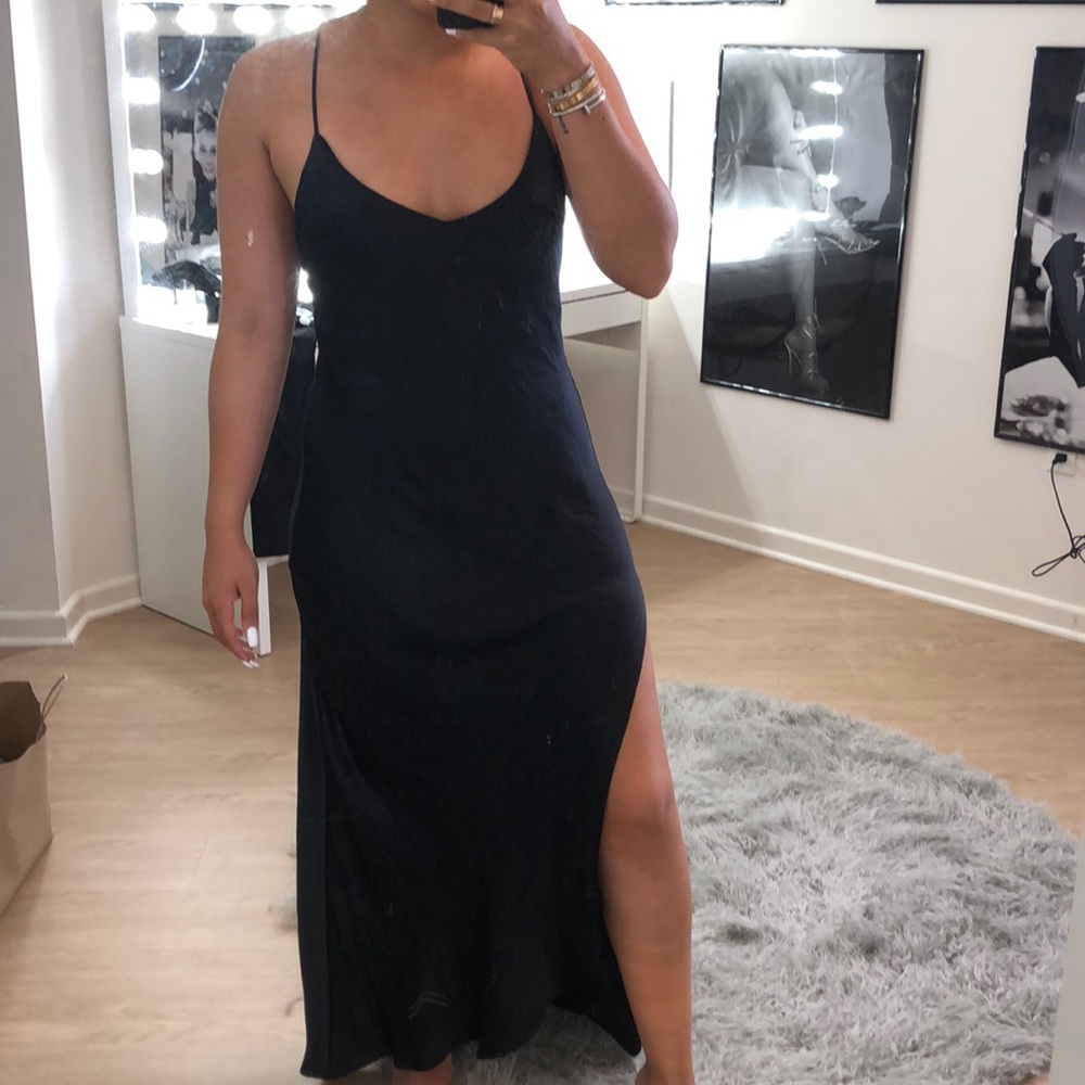 Black silk maxi dress with slit